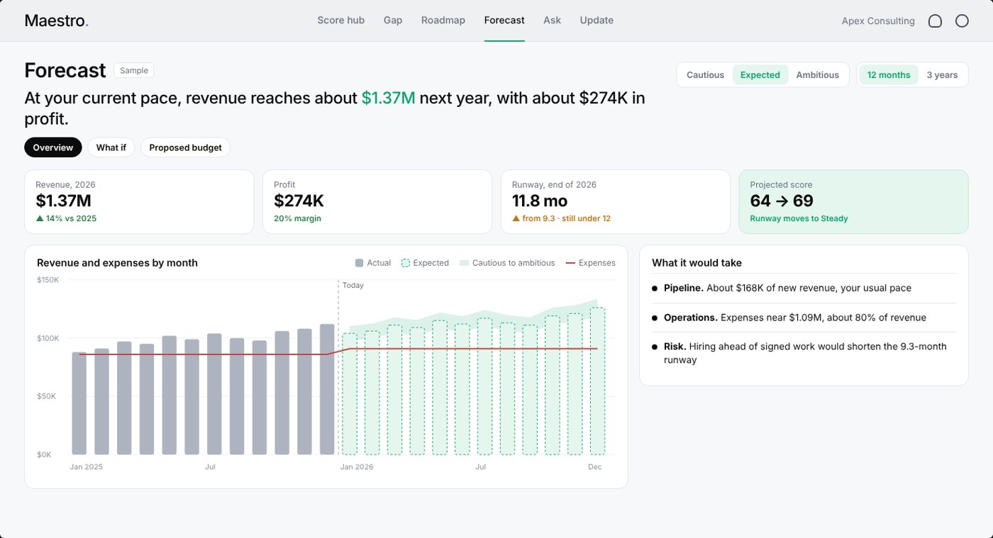 Maestro Forecast overview: revenue $1.37M next year, profit $274K, runway 11.8 months