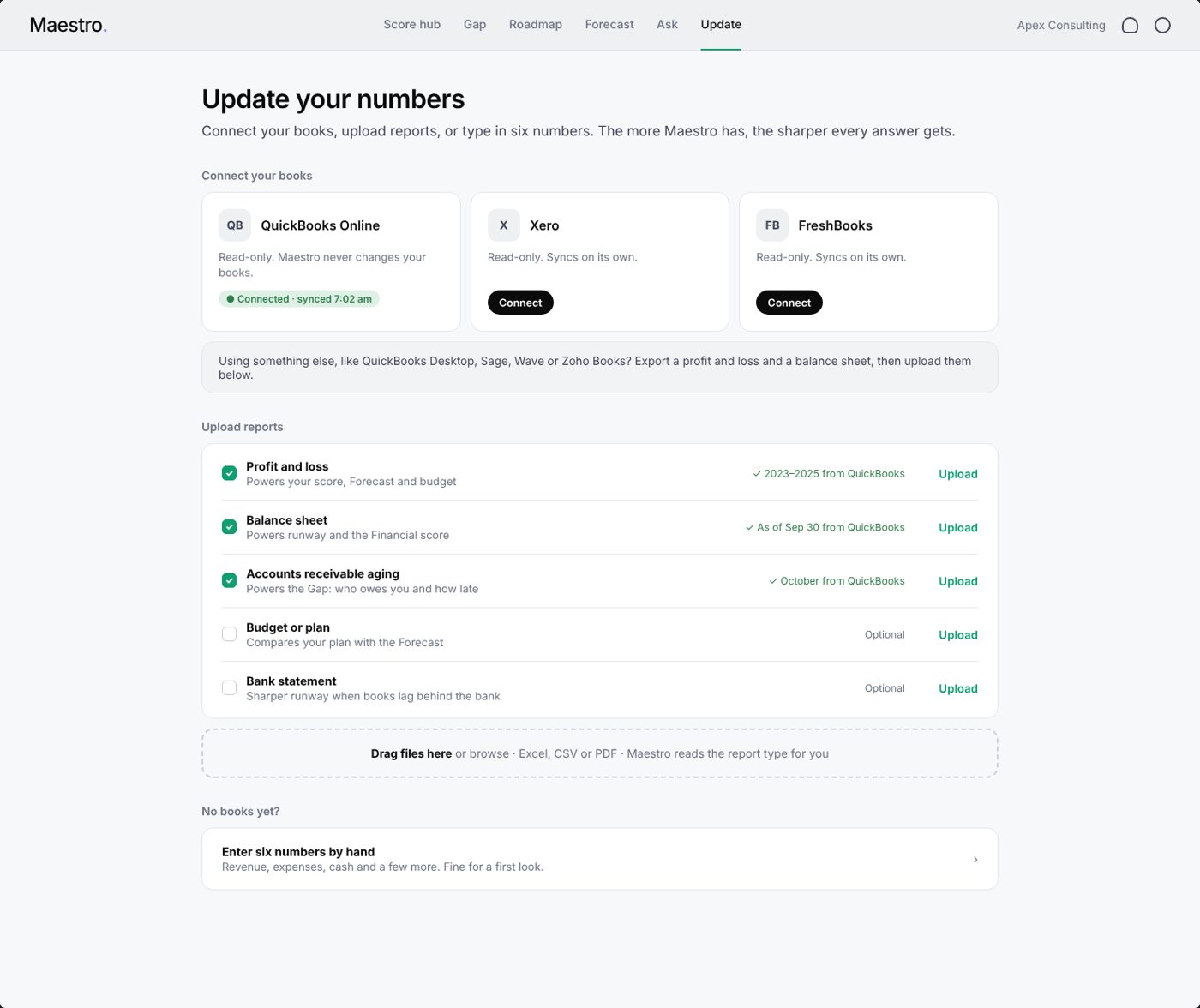 Maestro Update page: connect QuickBooks Online, Xero or FreshBooks, upload reports, or enter six numbers by hand