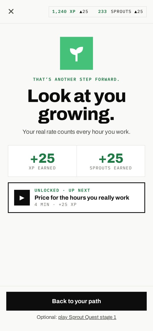 Sproomi lesson complete: Look at you growing, plus 25 XP and plus 25 Sprouts, next lesson unlocked